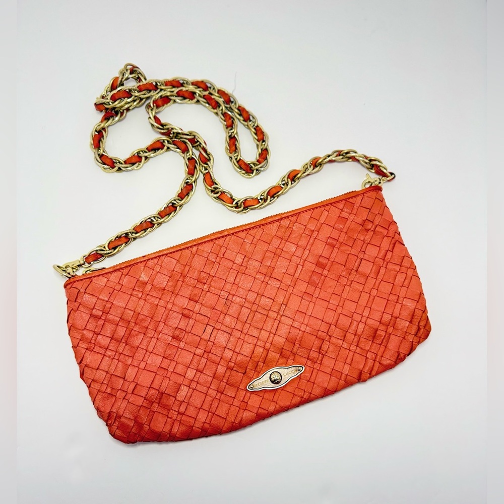 Elliott Lucca Woven Leather Chain Crossbody Bag Orange Gold